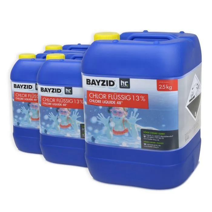 Bayzid® Cloro Líquido 48° – Desinfectante rápido para piscinas – 4 botellas de 25 kg – 13-15% de cloro activo – Piscinas AGRICOLA ESVA